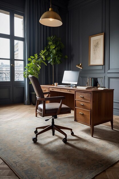 Photo a desk with a chair and a computer on it