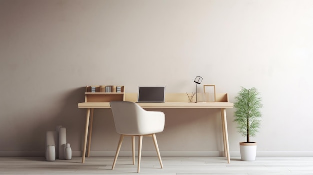 A desk with a chair and a laptop on it