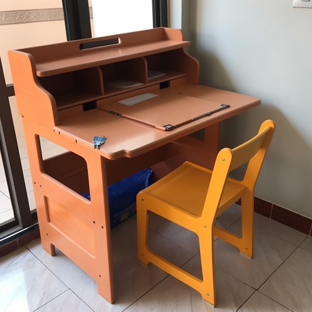 A desk with a chair that says'i'm a teacher '