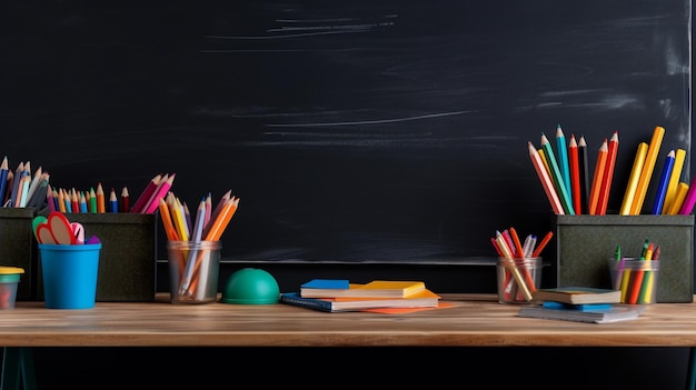 A desk with a chalkboard