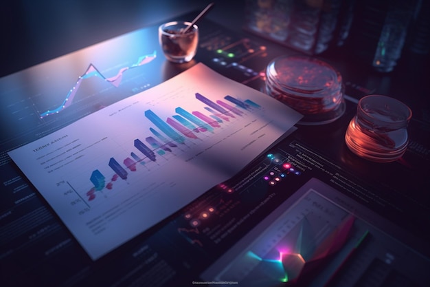 A desk with a chart and a lit up chart that says'the word'on it '