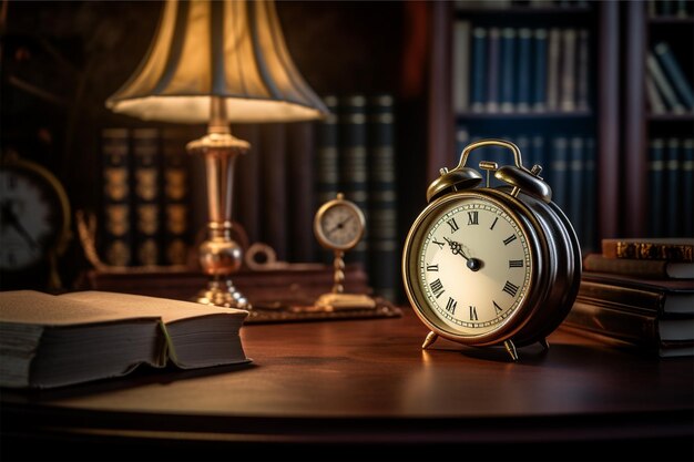 A desk with a clock and a book on it