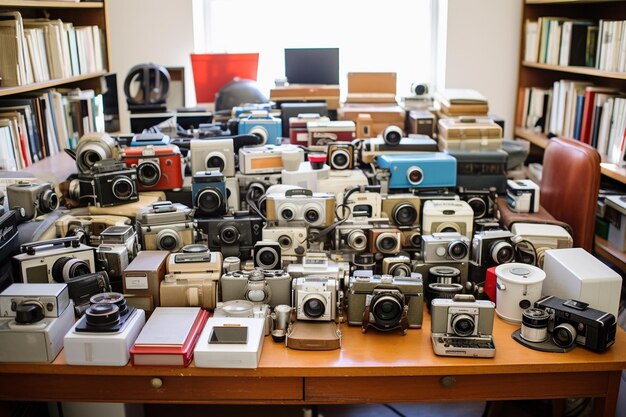 Photo a desk with a collection of vintage cameras