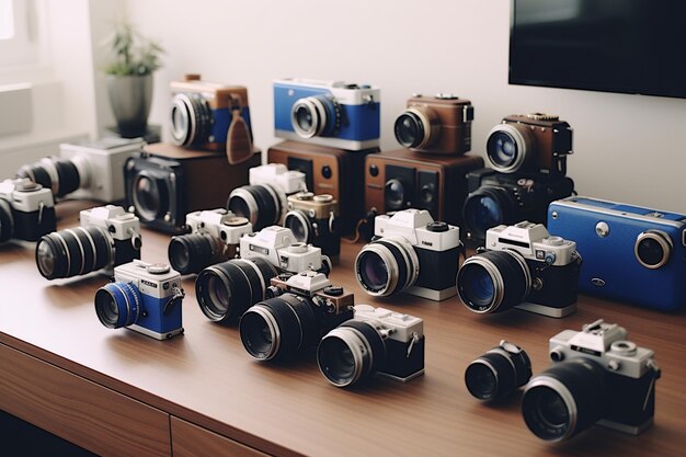 Foto una scrivania con una collezione di telecamere d'epoca