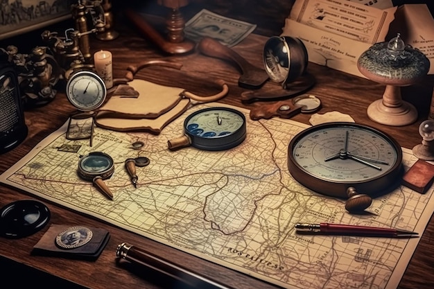 A desk with a compass, a sign, and a compass on it