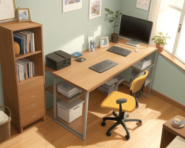 a desk with a computer and a chair with a picture of a plant on it