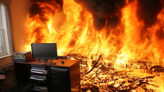 A desk with a computer on it in front of a fire