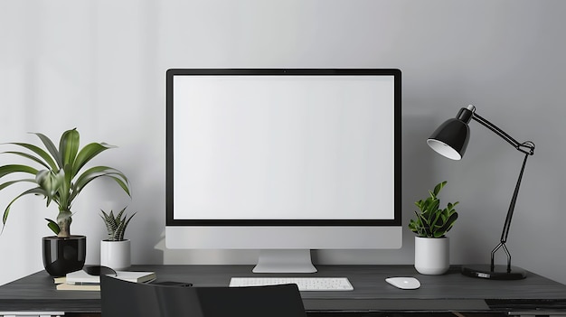 A desk with a computer a lamp and a plant The computer is turned on and has a blank screen