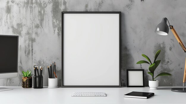 a desk with a computer lamp plant and picture frame the frame is empty so you can add your picture