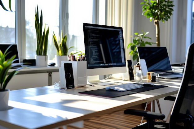 Photo a desk with a computer and a laptop sitting on top highly organized and neat business office ai generated