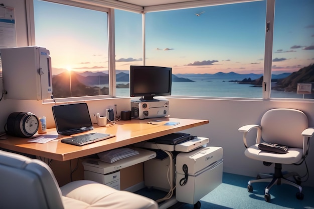 A desk with a computer and a monitor that says " home office " on it.