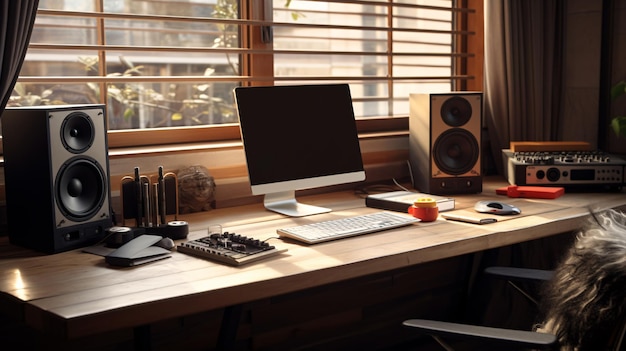 Desk with computer and sound equipment