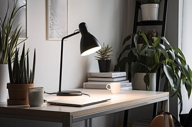 Desk with contemporary computer in home office a table with a lamp and a plant in a pot a mockup