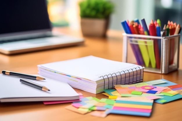 desk with documents and sticky notes and stationary AI Generated