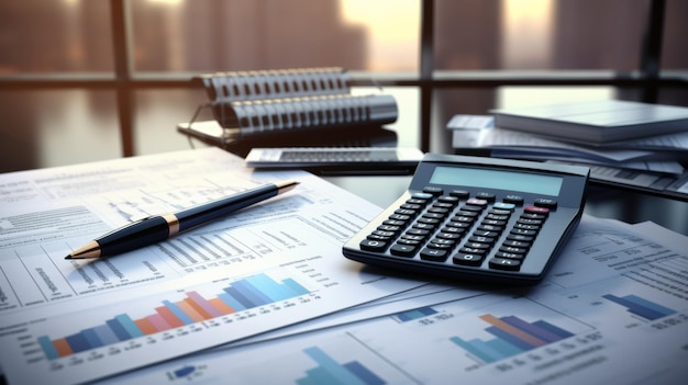 Photo desk with financial documents calculator and cityscape view symbolizing corporate analysis