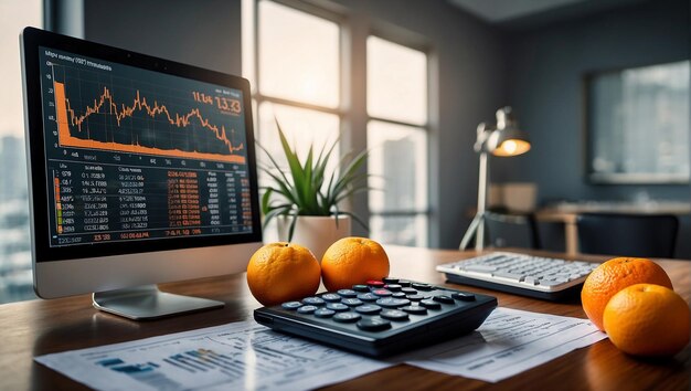 A desk with financial documents coins and orange slices