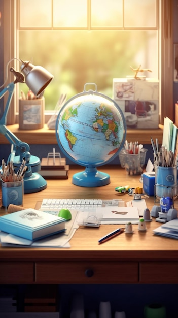 A desk with a globe and a book on it