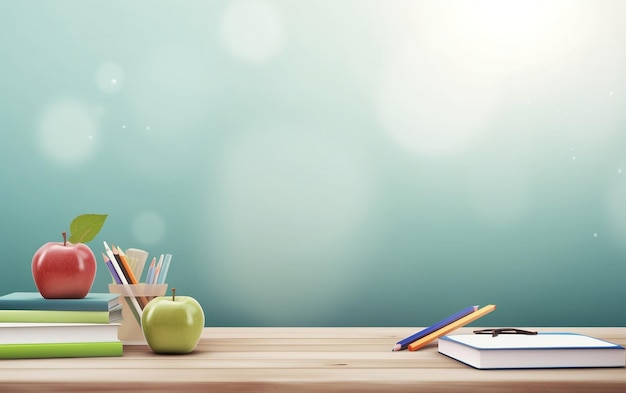 A desk with a green apple and a green apple on it