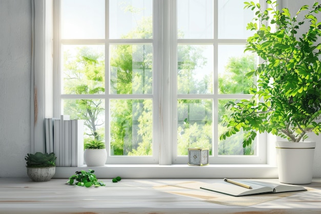 Desk with green plant and spring view through window