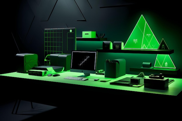 a desk with a green triangle and a computer monitor on it