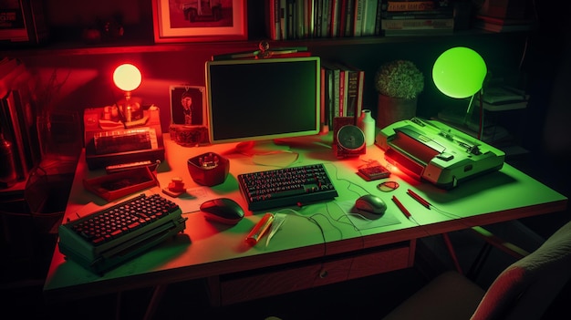 A desk with a keyboard mouse and a monitor