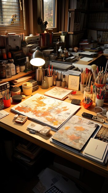 Photo a desk with a lamp and a book on it