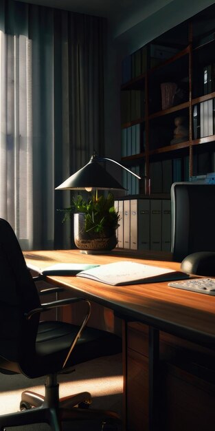 a desk with a lamp and a book on it