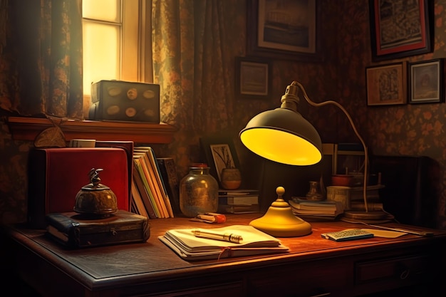 A desk with a lamp and a book on it