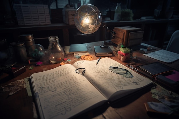 A desk with a lamp and a book open to a page that says'the word'on it '