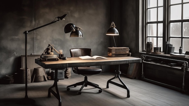 A desk with a lamp and a lamp in a dark room.