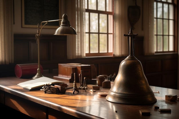 A desk with a lamp and a lamp on it