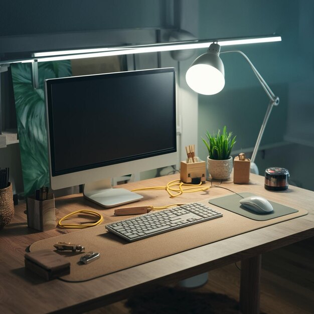 Photo a desk with a lamp a lamp and a lamp on it