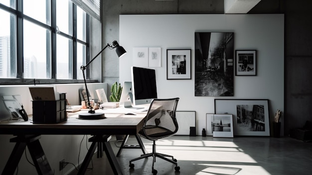 A desk with a lamp and a large picture on the wall.