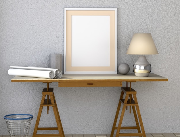 Desk with lamp. Paper and other desktop. Trash can under the table. 3d rendering.