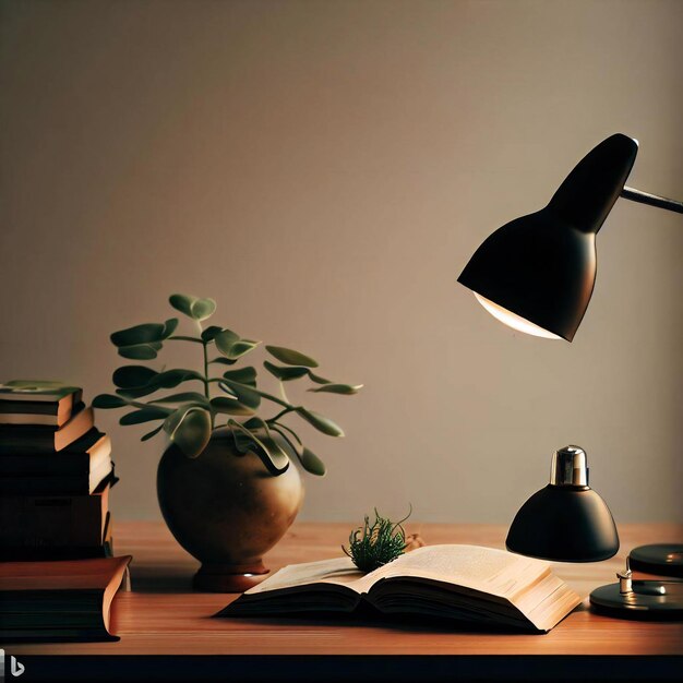 A desk with a lamp a plant and a few books on it a plant and a few books on it