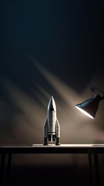 A desk with a lamp and a rocket on it