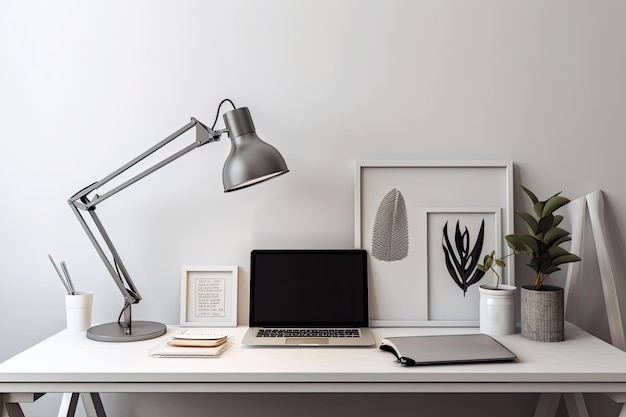 Desk with lamp stationery and computer with blank screen close to a bright wall