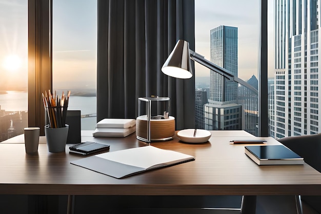 A desk with a lamp and a view of a city