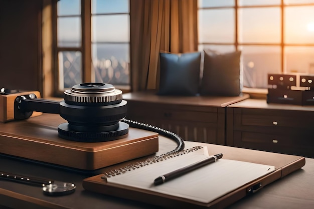 Photo a desk with a lamp and a window in the background.