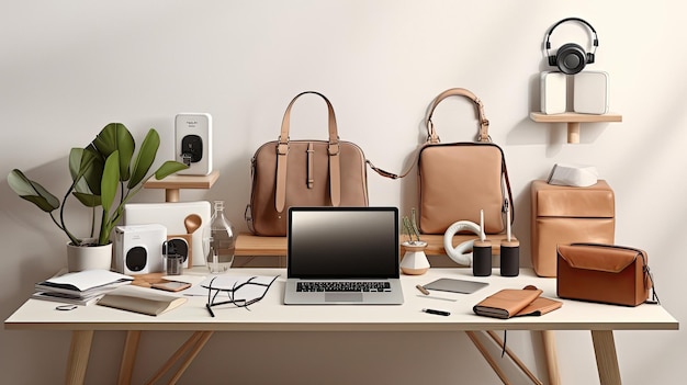 a desk with a laptop, a bag, and a laptop on it