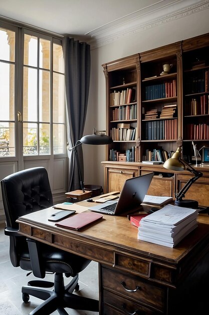 Photo a desk with a laptop and books on it