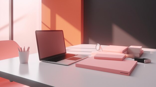 A desk with a laptop and books on it