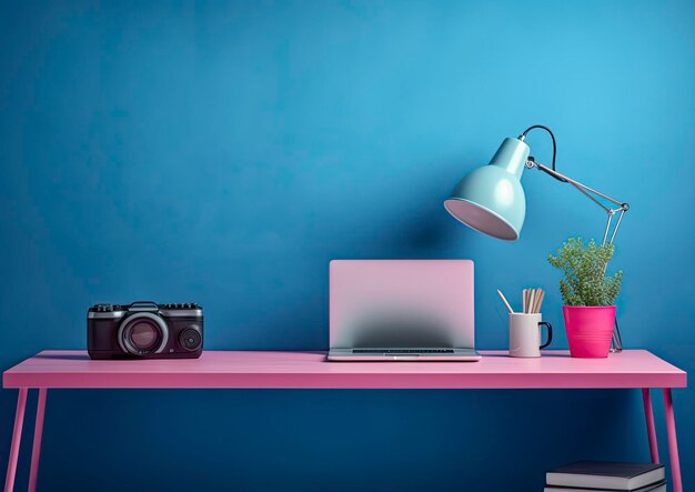 A desk with a laptop and a camera on it