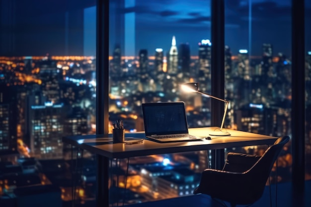 A desk with a laptop and a city view at night.