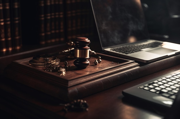 Photo a desk with a laptop and a gavel on it