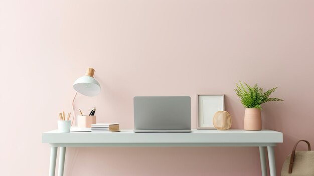 A desk with a laptop on it and a plant on the wall.