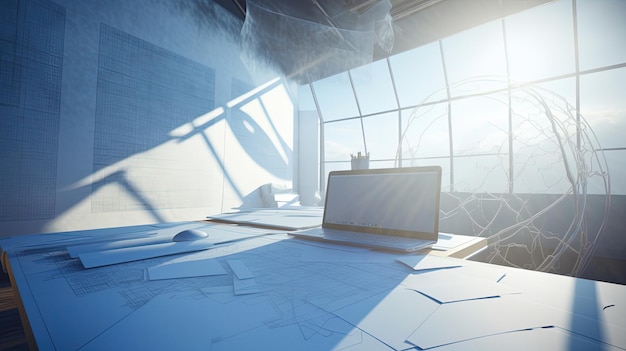 A desk with a laptop on it and a window with a view of the city.