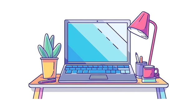 A desk with a laptop a lamp a plant a cup and a pencil holder The laptop is open and there is a plant on the left side of the desk