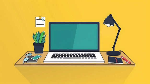 A desk with a laptop a lamp a plant a notebook a pencil a glasses and a phone The desk has a yellow background The laptop is open