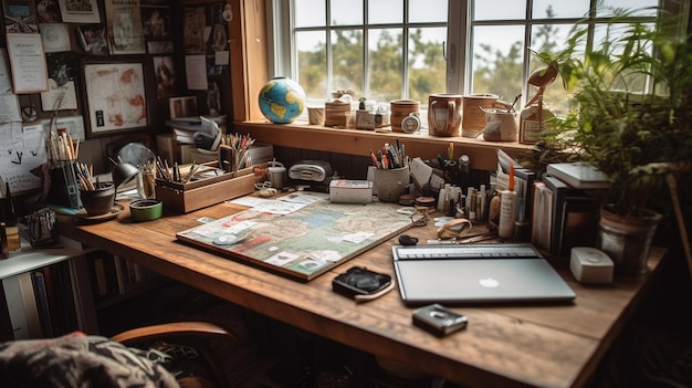 A desk with a laptop and a map on it